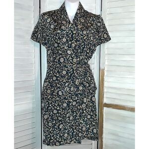 Adrianna Papell Dress Size 4P 100% Silk Faux Wrap Botanical Floral Teal & Cream